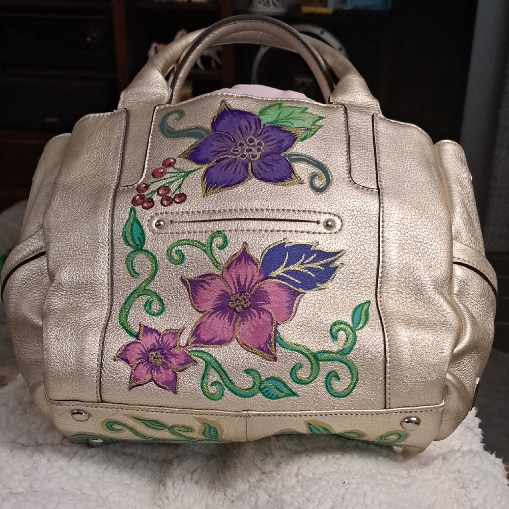 Hand Painted Gold Satchel Purse Bag with Floral Design - Picture 4 of 17